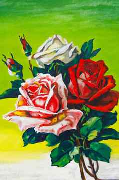 绿色背景玫瑰描述红色的粉红色的白色