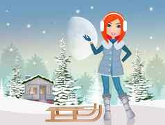 女孩雪橇冬天