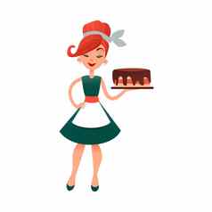 有趣的卡通家庭主妇蛋糕快乐家庭主妇面包店产品美丽的女人复古的风格年轻的夫人烘焙馅饼