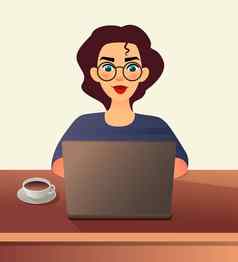 女孩自由职业者年轻的女人眼镜作品首页坐着前面移动PC卡通平女孩工作在线研究学习笔记本自由工作概念