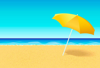 海滩伞废弃的海滩海洋假期平概念空海滩人阳伞蓝色的天空海背景水平海报横幅摩天观景轮假期聚会，派对空空间文本广告