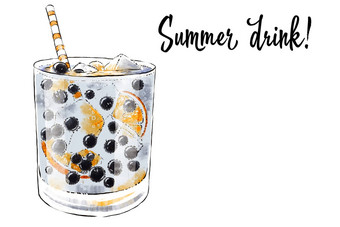 Colorfu手绘插图美味的奶昔新鲜的水果新鲜的夏天鸡尾酒蓝莓橙色玻璃Jar冰多维数据集稻草健康的饮料维生素自然喝