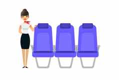 空姐等待乘客飞行一起攻击女站座位平色彩斑斓的插图蓝色的座位卡通室内飞机座位