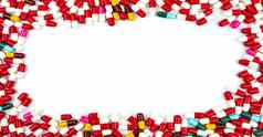 色彩斑斓的抗生素胶囊药片矩形框架白色背景复制空间药物电阻概念抗生素药物合理的全球医疗保健概念药店背景