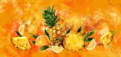 菠萝橙色背景水彩插图