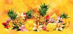 菠萝黄色的背景水彩插图