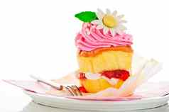 层蛋糕粉红色的白色奶油乳酪糖花