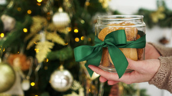 燕麦饼干玻璃Jar背景圣诞节装饰