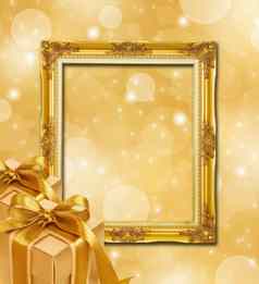 摘要黄金圣诞节背景框架黄金礼物盒子
