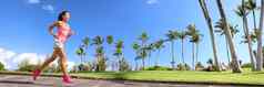 跑步者女人运行公园横幅活跃的夏天健康的生活方式体育运动人慢跑培训有氧运动水平作物棕榈树背景景观Copyspace