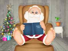 圣诞老人老人坐着扶手椅读取书