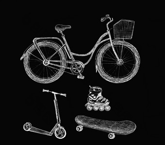 集体育运动运输对象自行车踏板车辊滑板草图孤立的黑色的背景手绘插图