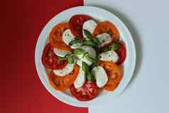 白色板番茄蔬菜沙拉装饰马苏里拉奶酪红色的背景