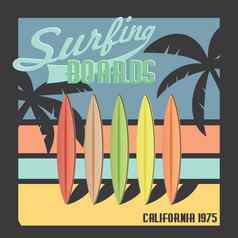 冲浪董事会加州排版t恤印刷设计夏天向量徽章应用标签