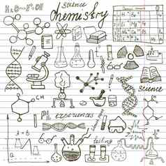 化学科学元素涂鸦图标集手画草图显微镜公式实验设备分析工具向量illustrationon纸笔记本背景