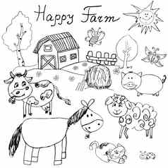 快乐农场涂鸦图标集手画草图马牛羊猪精品天真烂漫的卡通粗略的向量插图孤立的