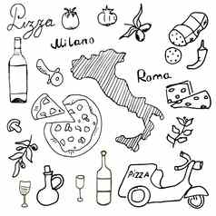 意大利涂鸦元素手画集披萨踏板车酒奶酪地图画涂鸦集合孤立的白色背景