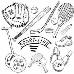 体育运动草图涂鸦元素手画集棒球蝙蝠手套赛格威bowlong霍克基网球项目画涂鸦集合孤立的白色背景