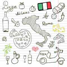 意大利涂鸦元素手画集披萨踏板车酒奶酪地图画涂鸦集合纸背景