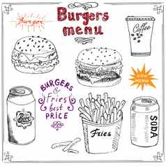 汉堡菜单手画草图快餐海报汉堡芝士汉堡土豆棒苏打水咖啡杯子啤酒向量插图刻字孤立的