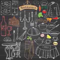 餐厅草图涂鸦集手画元素食物喝刀叉菜单老板统一的酒瓶服务员围裙画涂鸦集合黑板