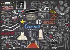 电影电影行业集手画草图向量插图黑板