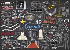电影电影行业集手画草图向量插图黑板