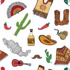 墨西哥无缝的模式涂鸦元素手画草图墨西哥传统的帽子他靴子雨披仙人掌龙舌兰酒瓶地图墨西哥音乐仪器向量插图背景