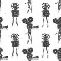 相机古董无缝的模式handdrawn草图复古的电影电影行业向量插图