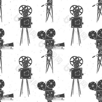 相机古董无缝的模式handdrawn草图复古的电影电影行业向量插图