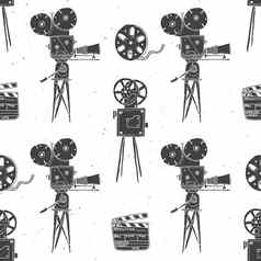相机电影卷场记板古董无缝的模式handdrawn草图复古的电影行业向量插图
