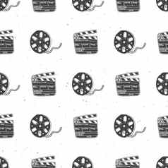 电影磁带电影卷场记板古董无缝的模式handdrawn草图复古的电影电影行业向量插图