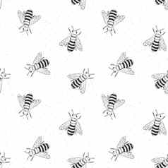 蜜蜂手画无缝的模式单色背景向量插图