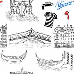 威尼斯意大利无缝的模式手画草图贡多拉用凤尾船运送衣服房子市场桥咖啡馆表格椅子涂鸦画孤立的白色