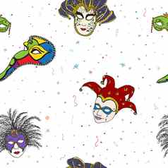 威尼斯意大利狂欢节面具无缝的模式手画草图意大利威尼斯节日涂鸦画背景
