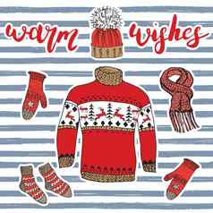 冬天季节集涂鸦元素手画草图colection温暖的衣服袜子手套毛衣他刻字温暖的祝愿向量插图