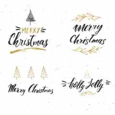 快乐圣诞节书法刻字集排版设计书法刻字假期问候手画刻字文本向量插图