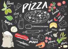 披萨菜单手画草图集披萨准备设计模板奶酪橄榄意大利蒜味腊肠蘑菇西红柿面粉成分向量插图黑板背景