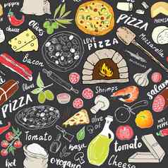 披萨无缝的模式手画草图披萨涂鸦食物背景面粉食物成分烤箱厨房工具向量插图