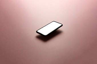 简约模拟平图像设计浮动移动电话复制空间白色小石子写平柔和的粉红色的背景