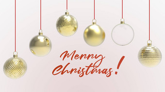 黄色的黄金圣诞节球红色的词快乐圣诞节色彩斑斓的圣诞节圣诞节树玻璃金属塑料球集团装饰物挂假期装饰模板渲染插图
