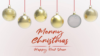 黄色的黄金圣诞节球红色的词快乐圣诞节快乐一年色彩斑斓的圣诞节圣诞节树玻璃金属塑料球集团装饰物挂假期装饰模板渲染