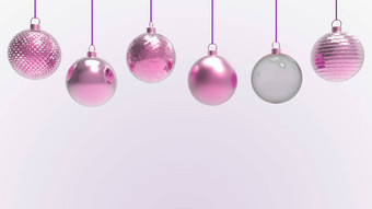 粉红色的圣诞节球白色背景色彩斑斓的圣诞节球圣诞节树圣诞节玻璃<strong>金属</strong>塑料球集团装饰物挂假期装饰<strong>模板</strong>渲染插图