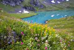 高山山湖景观视图蓝色的美丽的令人惊异的湖全景