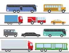 平设计向量插图城市运输平图标卡车公共汽车出租车豪华轿车火卡车学校公共汽车