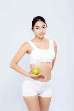 肖像亚洲女人微笑持有绿色苹果水果漂亮的东西或人