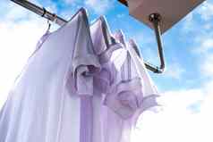 白色t恤晾衣绳蓝色的天空