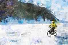 男人。骑自行车冰冻湖冬天