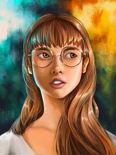 关闭数字绘画肖像年轻的女人穿glasse