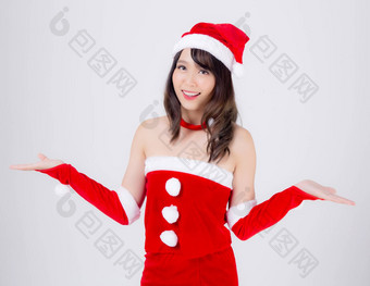 美丽的肖像年轻的亚洲女人圣诞老人<strong>服装展示</strong>